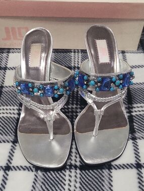 JLO-Silver Beaded T-Strap Heeled Sandals with Blue Accents "Like New"